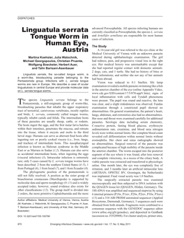 Linguatula Serrata Tongue Worm in Human Eye, Austria