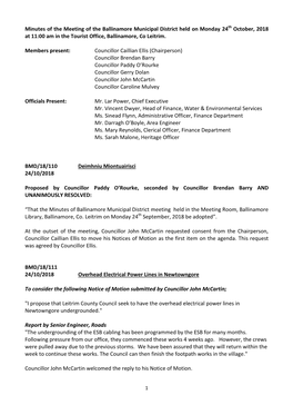 Minutes of the Meeting of the Ballinamore Municipal District Held on Monday 24Th October, 2018 at 11:00 Am in the Tourist Office, Ballinamore, Co Leitrim