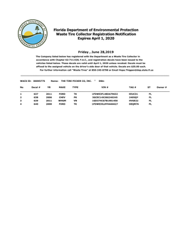 Florida Department of Environmental Protection Waste Tire Collector Registration Notification Expires April 1, 2020