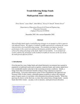 Hedge Funds As Alternative Investments, We Use a Rolling Portfolio of Lookback Straddles on US Equities