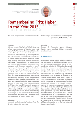 Remembering Fritz Haber in the Year 2015 Remembering Fritz Haber In