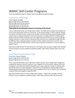 WANIC Skill Center Programs Times and Availability Subject to Change