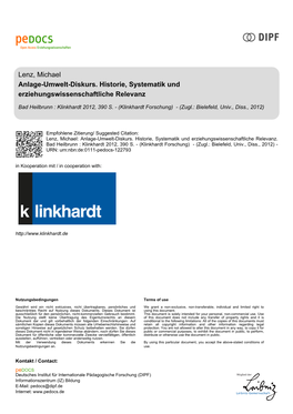 Anlage-Umwelt-Diskurs. Historie, Systematik Und Erziehungswissenschaftliche Relevanz