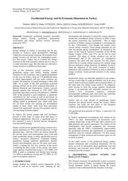 Geothermal Energy and Its Economic Dimension in Turkey