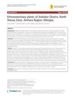 Ethnoveterinary Plants of Ankober District, North Shewa Zone, Amhara Region, Ethiopia Ermias Lulekal1,2*, Zemede Asfaw2, Ensermu Kelbessa2 and Patrick Van Damme1,3