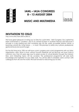 Iaml – Iasa Congress 8 – 13 August 2004 Music and Multimedia