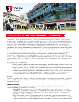 'Iolani Test Prep Info: the Advanced Placement ® (Ap) Program