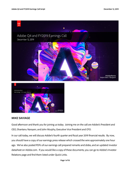 Adobe Q4 and FY2019 Earnings Call Script and Slides