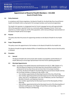 Appointment of Board of Health Members – B-G-002 Board of Health Policy