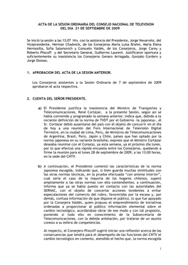 Acta De La Sesion Ordinaria Del Consejo Nacional De Television Del Dia 21 De Septiembre De 2009