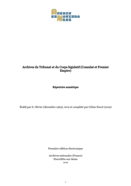 Archives Du Tribunat Et Du Corps Législatif (Consulat Et Premier Empire)