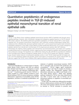 Quantitative Peptidomics of Endogenous Peptides Involved in TGF-Î²1-Induced Epithelial Mesenchymal Transition of Renal Epithel