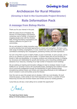 Archdeacon for Rural Mission (Growing in God in the Countryside Project Director) Role Information Pack a Message from Bishop Martin