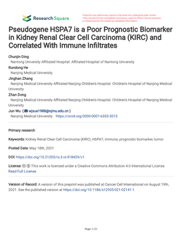 Pseudogene HSPA7 Is a Poor Prognostic Biomarker in Kidney Renal Clear Cell Carcinoma (KIRC) and Correlated with Immune Infltrates