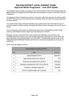 MALDON DISTRICT LOCAL HIGHWAY PANEL Approved Works Programme – June 2018 Update