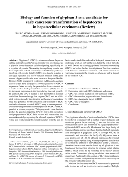 Biology and Function of Glypican-3 As a Candidate for Early Cancerous Transformation of Hepatocytes in Hepatocellular Carcinoma (Review)