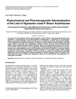 Phytochemical and Pharmacognostic Standardization of the Leaf of Hypoestes Rosea P