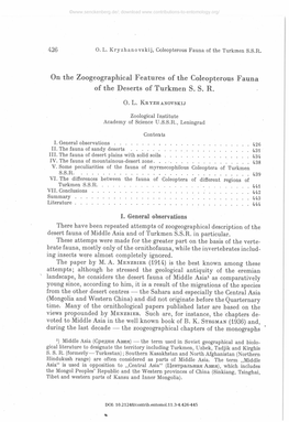 On the Zoogeographical Features of the Coleopterous Fauna of the Deserts of Turkmen S