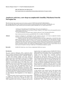 Ampharete Undecima, a New Deep-Sea Ampharetid (Annelida, Polychaeta) from the Norwegian Sea