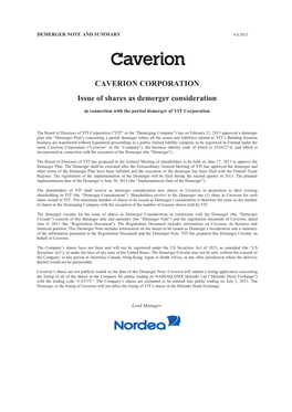 CAVERION CORPORATION Issue of Shares As Demerger Consideration
