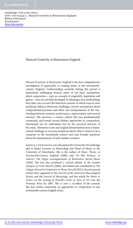 Musical Creativity in Restoration England Rebecca Herissone Frontmatter More Information