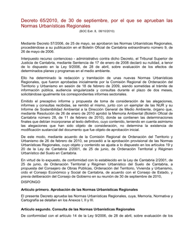 Decreto 65/2010, De 30 De Septiembre, Por El Que Se Aprueban Las Normas Urbanísticas Regionales (BOC Extr