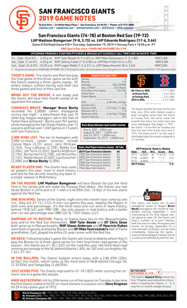 San Francisco Giants 2019 Game Notes