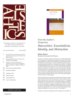 Haecceities: Essentialism, Identity, and Abstraction1 Is Both a Philosophi- Thomas E