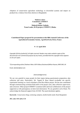 Adoption of Conservation Agriculture Technology in Diversified Systems and Impact on Productivity: Evidence from Three Districts in Bangladesh