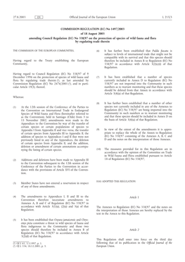 EC) No 1497/2003 of 18 August 2003 Amending Council Regulation (EC) No 338/97 on the Protection of Species of Wild Fauna and Flora by Regulating Trade Therein