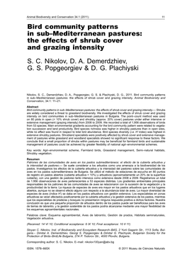 Bird Community Patterns in Sub–Mediterranean Pastures: the Effects of Shrub Cover and Grazing Intensity