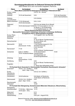 Sonntagsgottesdienste Im Dekanat Schwechat 2019/20 Stand Oktober 2019; Wenn Nicht Anders Angegeben: Pfarrkirche