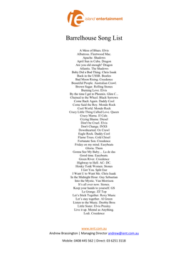 Barrelhouse Song List