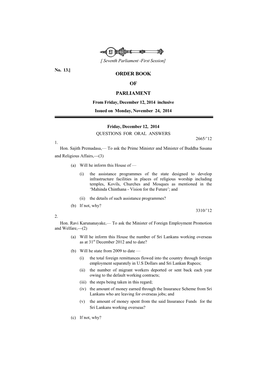ORDER BOOK of PARLIAMENT from Friday, December 12, 2014 Inclusive Issued on Monday, November 24, 2014