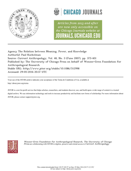 Agency the Relation Between Meaning, Power, and Knowledge Author(S): Paul Kockelman Source: Current Anthropology, Vol