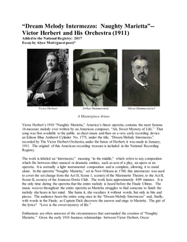 Dream Melody Intermezzo: Naughty Marietta”-- Victor Herbert and His Orchestra (1911) Added to the National Registry: 2017 Essay by Alyce Mott (Guest Post)*