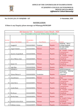 4Th Semester UG Examination Centre Details 2020 B