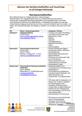 Adressen Der Nachbarschaftshilfen Und Tauschringe Im LK Erlangen-Höchstadt