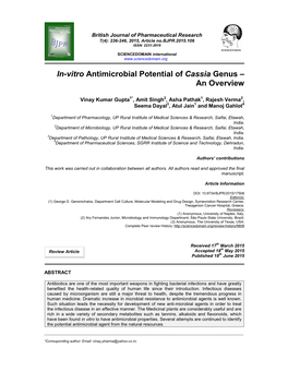 In-Vitro Antimicrobial Potential of Cassia Genus – an Overview