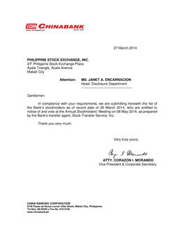 27 March 2014 PHILIPPINE STOCK EXCHANGE, INC. 3/F Philippine