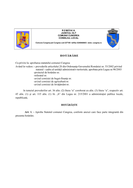 Aprobarea Statutului Comunei Cungrea Având În Vedere :- Prevederile Articolului 20 Din Ordonanţa Guvernului României Nr