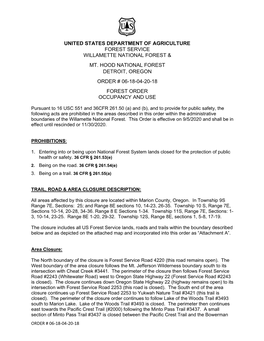United States Department of Agriculture Forest Service Willamette National Forest & Mt. Hood National Forest Detroit, Oregon