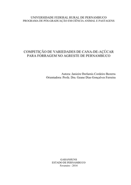 Competição De Variedades De Cana-De-Açúcar Para Forragem No Agreste De Pernambuco