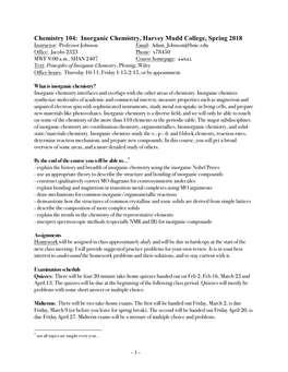 Inorganic Chemistry, Harvey Mudd College, Spring 2018