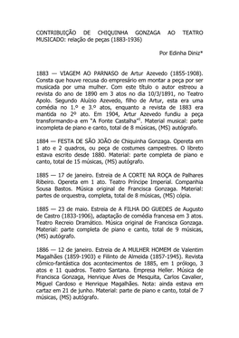 CONTRIBUIÇÃO DE CHIQUINHA GONZAGA AO TEATRO MUSICADO: Relação De Peças (1883-1936) Por Edinha Diniz* 1883 — VIAGEM AO