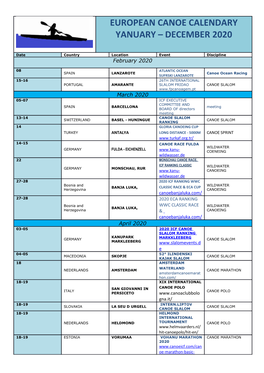 European Canoe Calendary Yanuary – December 2020