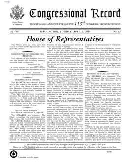 Congressional Record United States Th of America PROCEEDINGS and DEBATES of the 113 CONGRESS, SECOND SESSION