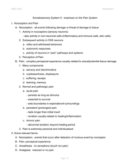 Somatosensory System II: Emphasis on the Pain System