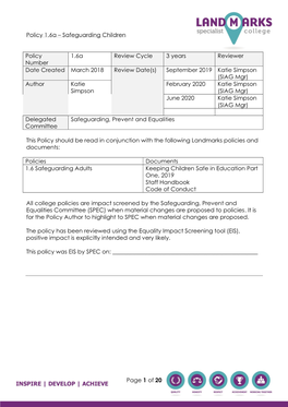 Policy 1.6A – Safeguarding Children