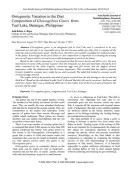 Ontogenetic Variation in the Diet Composition of Glossogobius Giuris